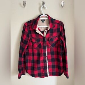 Roots thick red plaid flannel button down with corduroy elbow patches size M